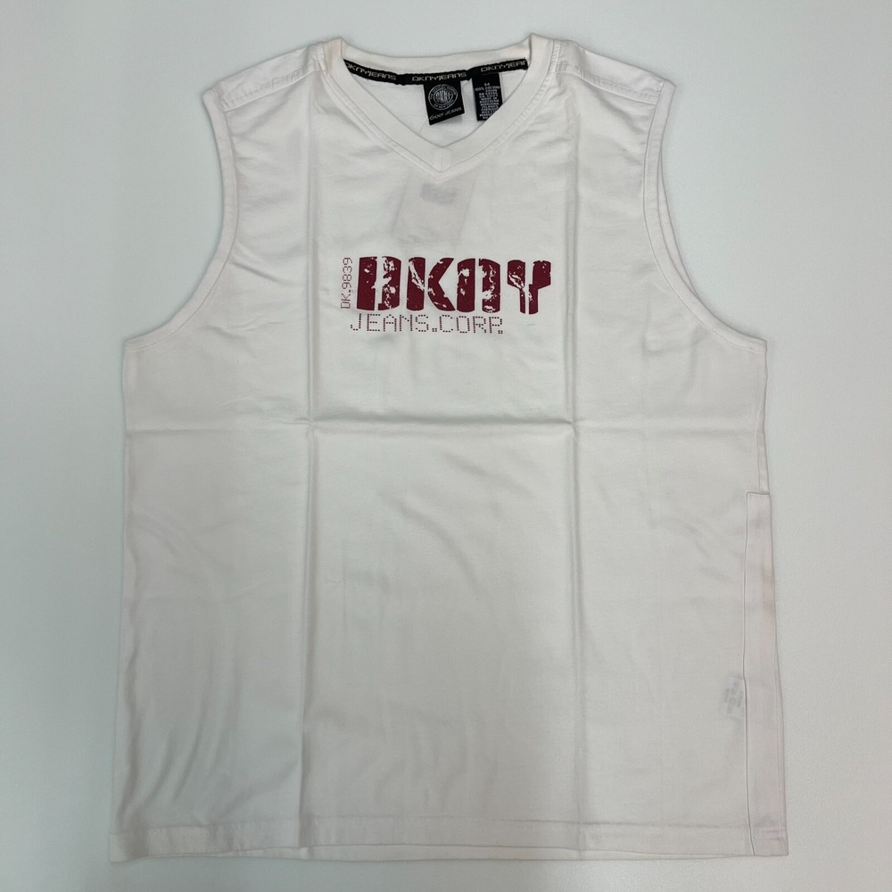 DKNY Jeans Muscle Tee Men M White V-Neck Distressed‎ Graphic Logo VTG NWT
